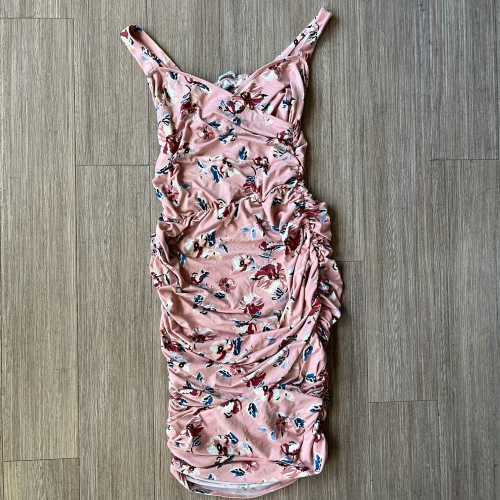Rebdolls Pink Floral Ruched Midi Dress